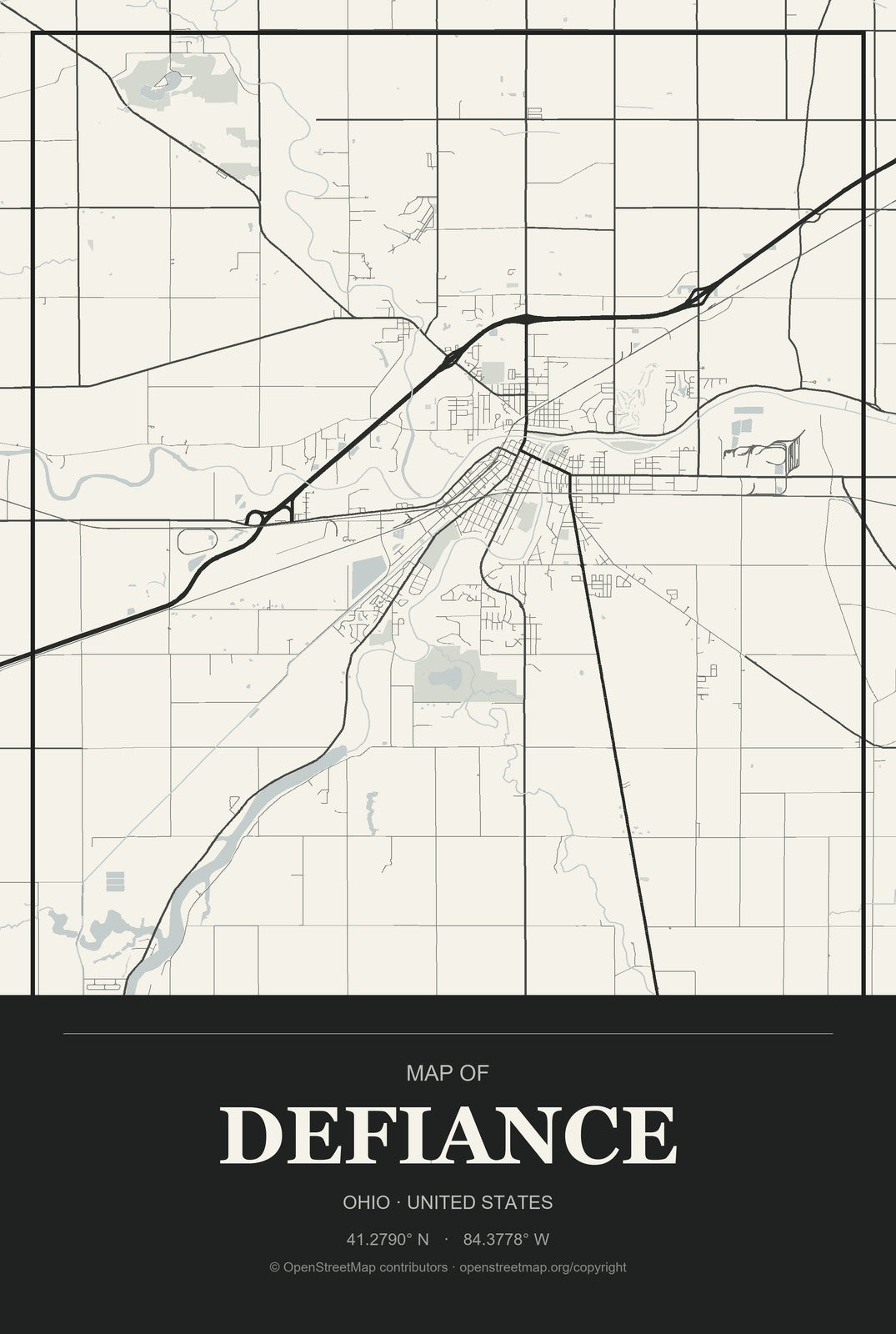 Defiance, Ohio City Map Aluminum Sign in Museum Plaque style