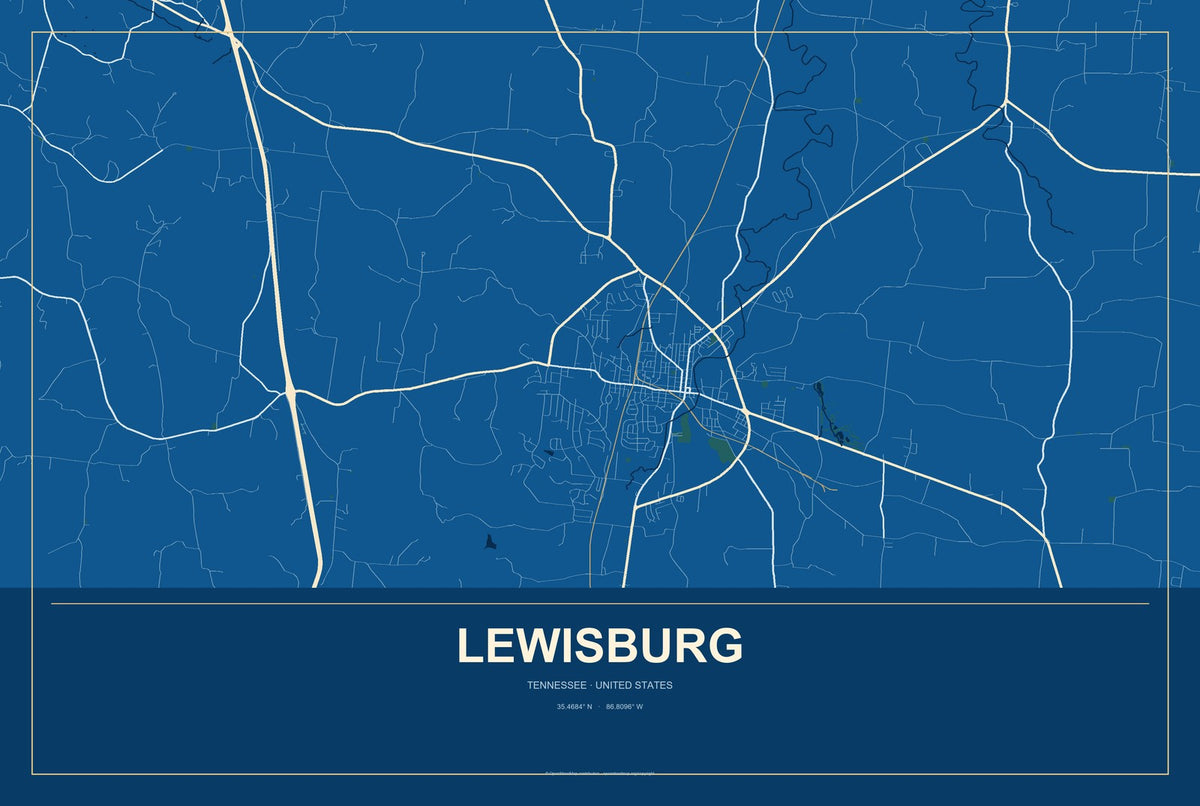 Lewisburg, Tennessee City Map Aluminum Sign in Harbor Cobalt style