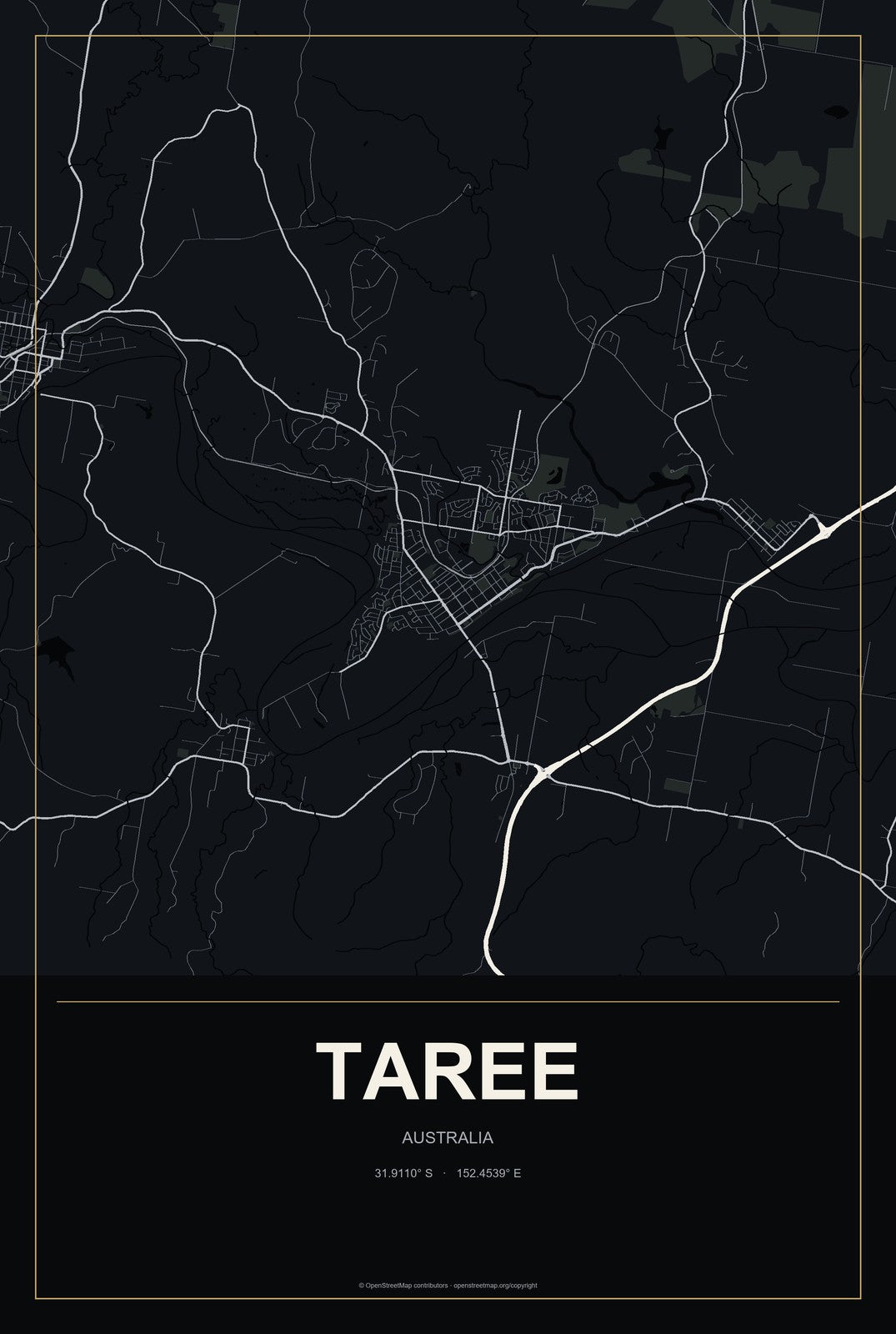 Taree, Australia City Map Aluminum Sign in Metropolitan Noir style