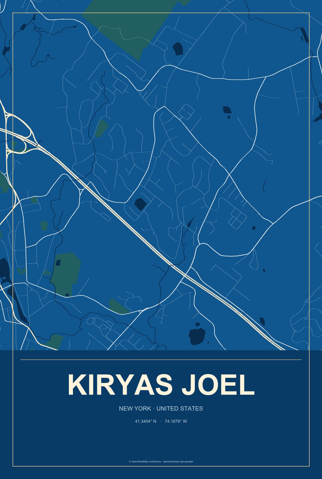 Kiryas Joel, New York City Map Aluminum Sign in Harbor Cobalt style