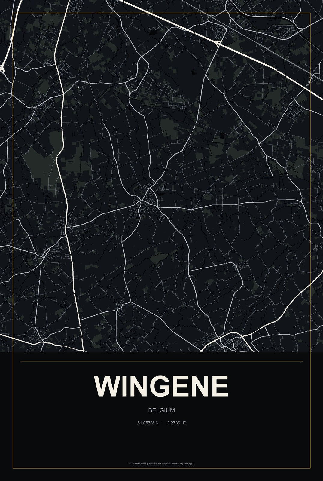 Wingene, Belgium City Map Aluminum Sign in Metropolitan Noir style