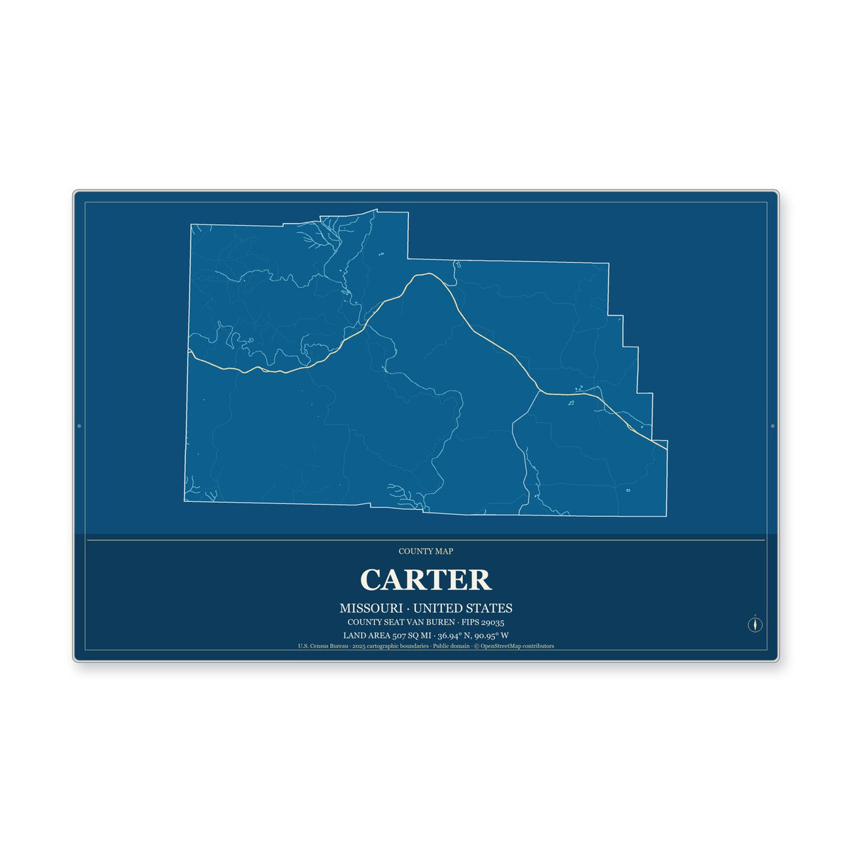 Carter County, Missouri Map Aluminum Sign in Harbor Cobalt style