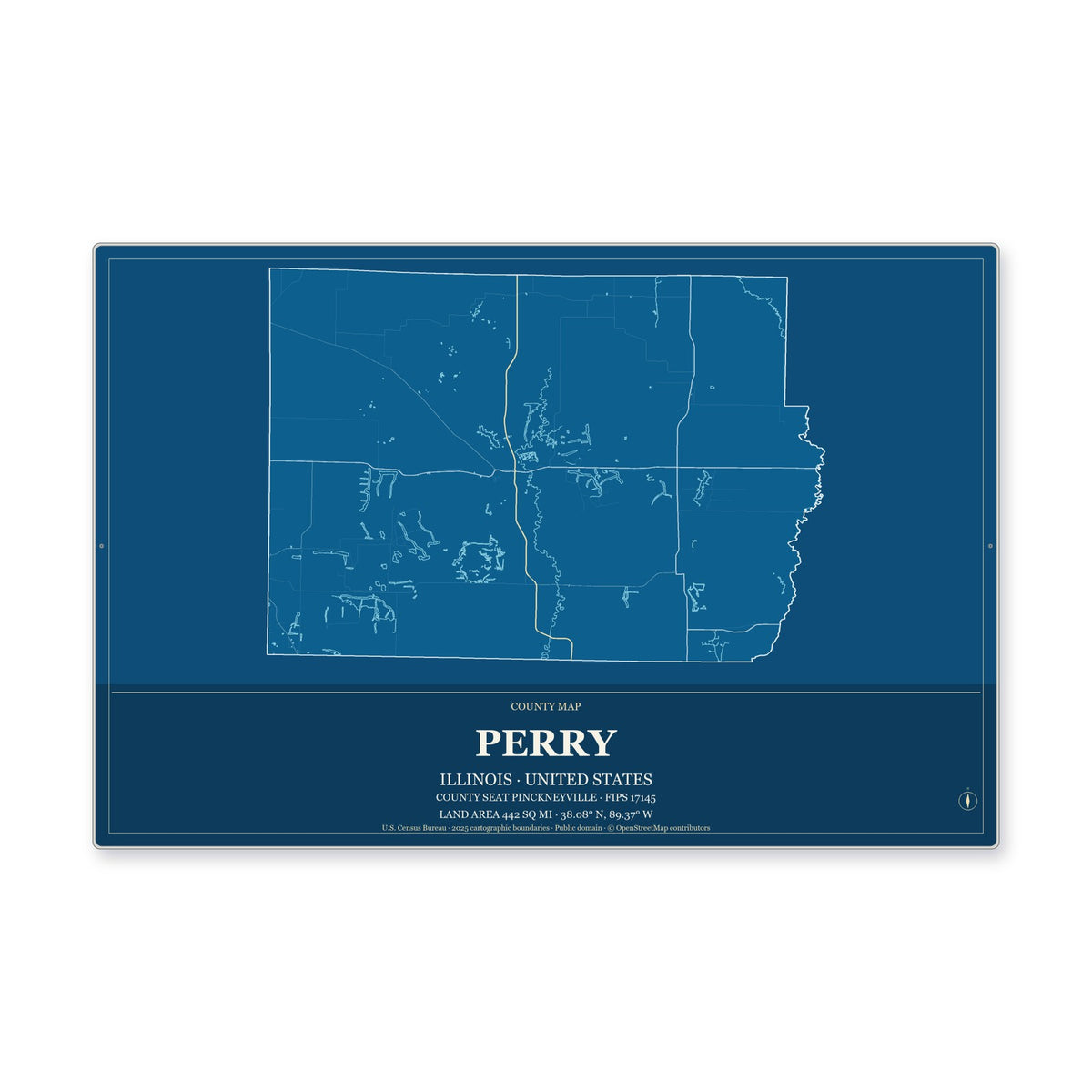 Perry County, Illinois Map Aluminum Sign in Harbor Cobalt style