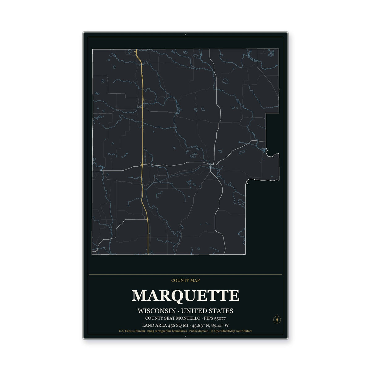 Marquette County, Wisconsin Map Aluminum Sign in Metropolitan Noir style