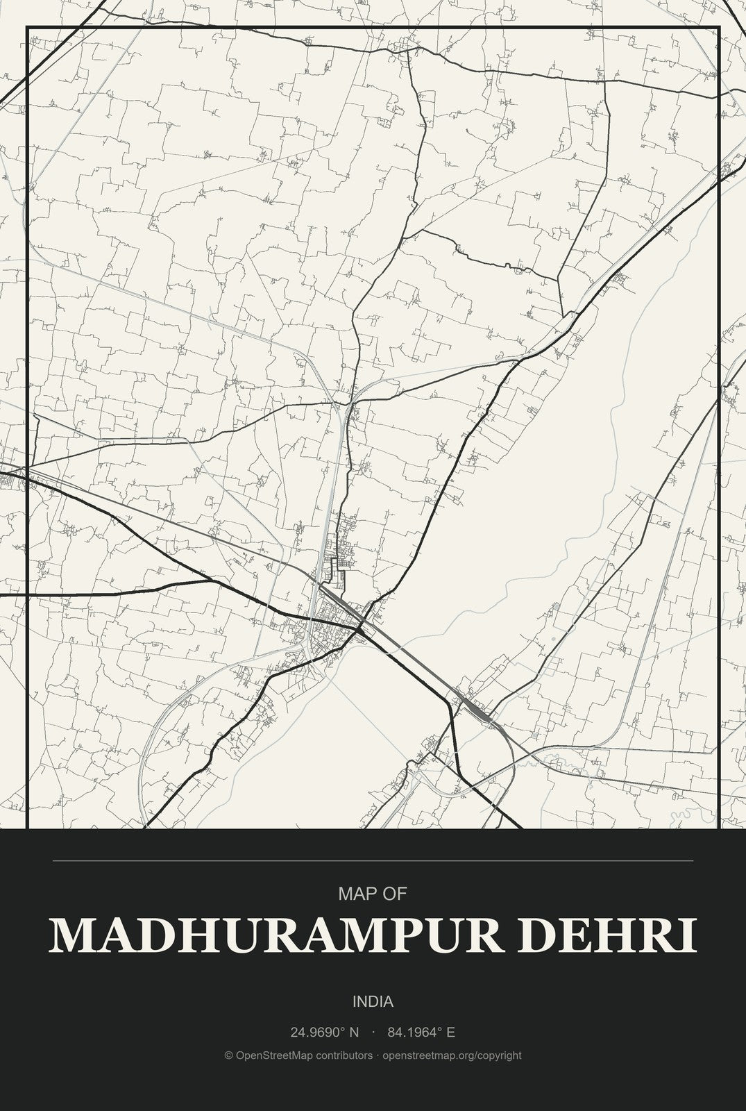 Madhurampur Dehri, India City Map Aluminum Sign in Museum Plaque style