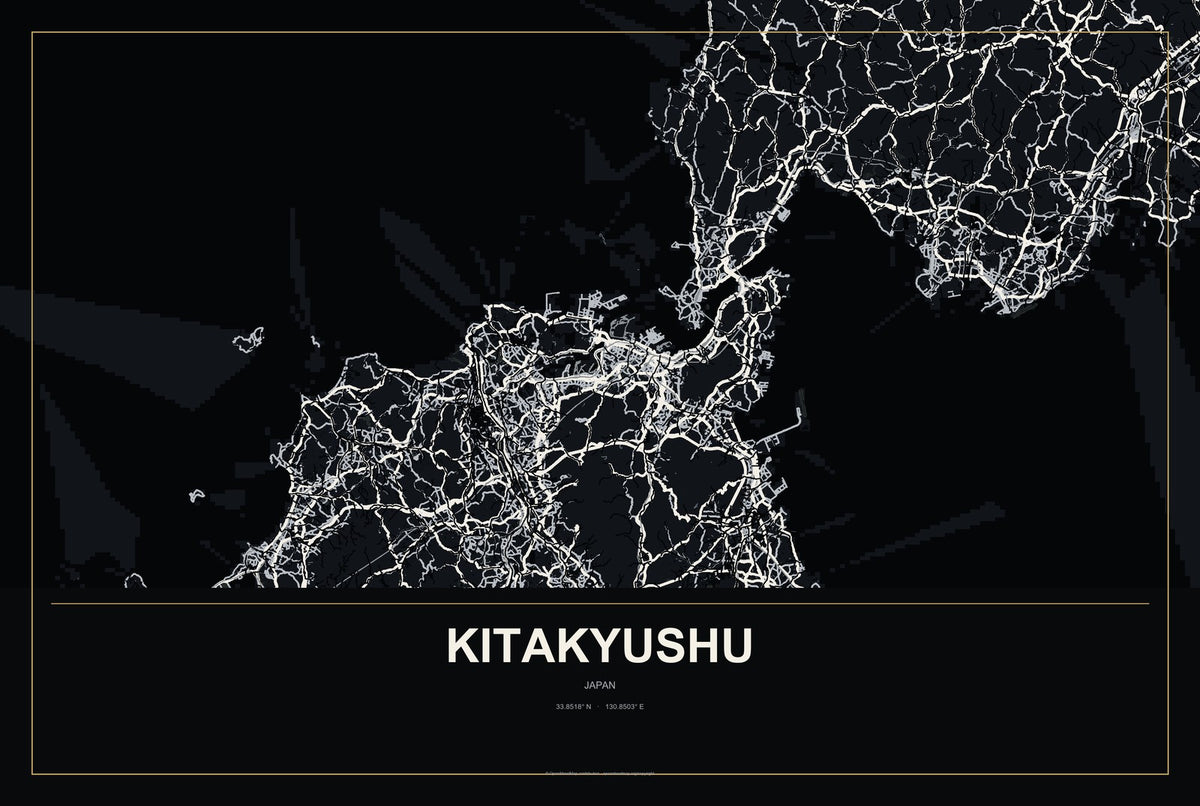 Kitakyushu, Japan City Map Aluminum Sign in Metropolitan Noir style