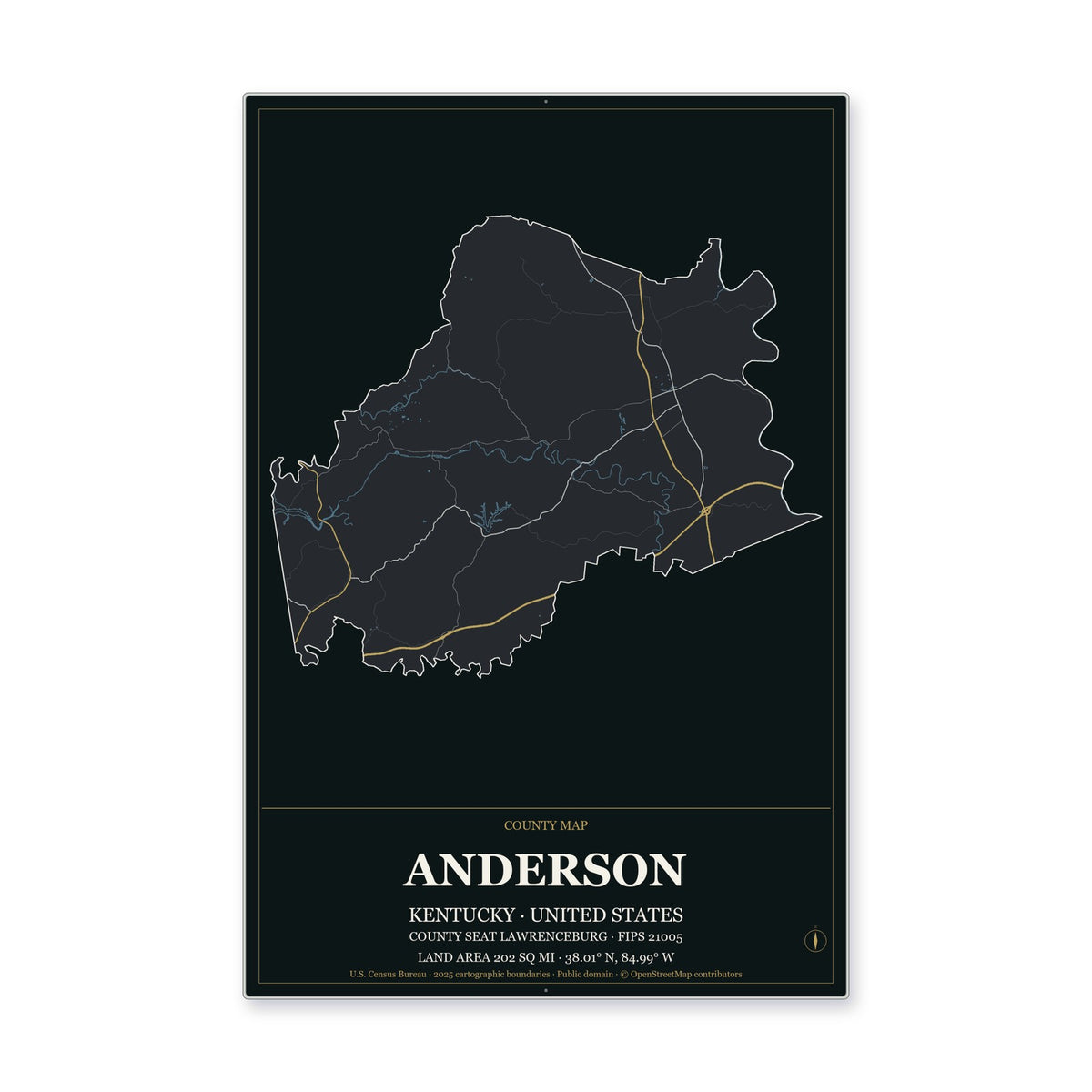Anderson County, Kentucky Map Aluminum Sign in Metropolitan Noir style