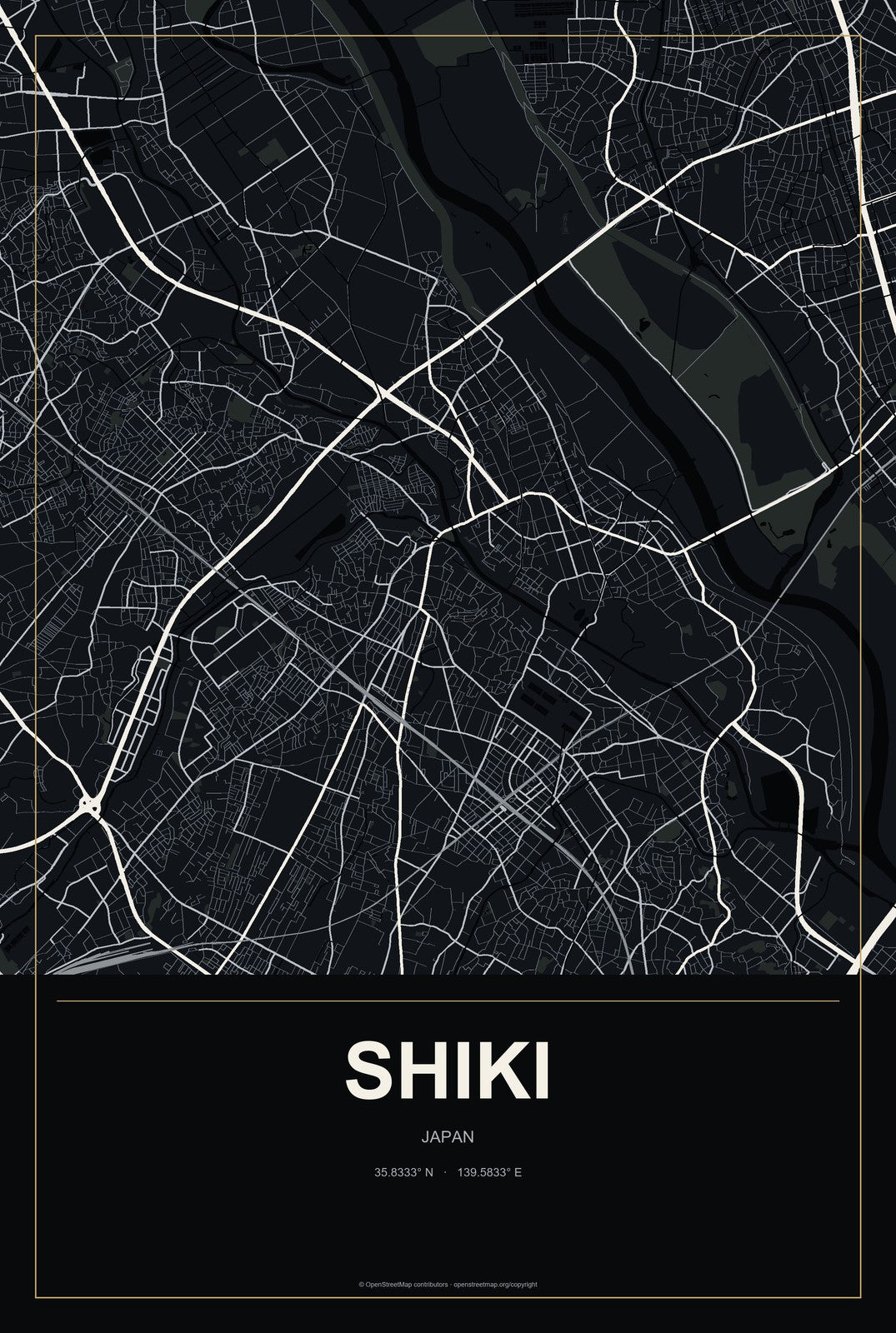 Shiki, Japan City Map Aluminum Sign in Metropolitan Noir style
