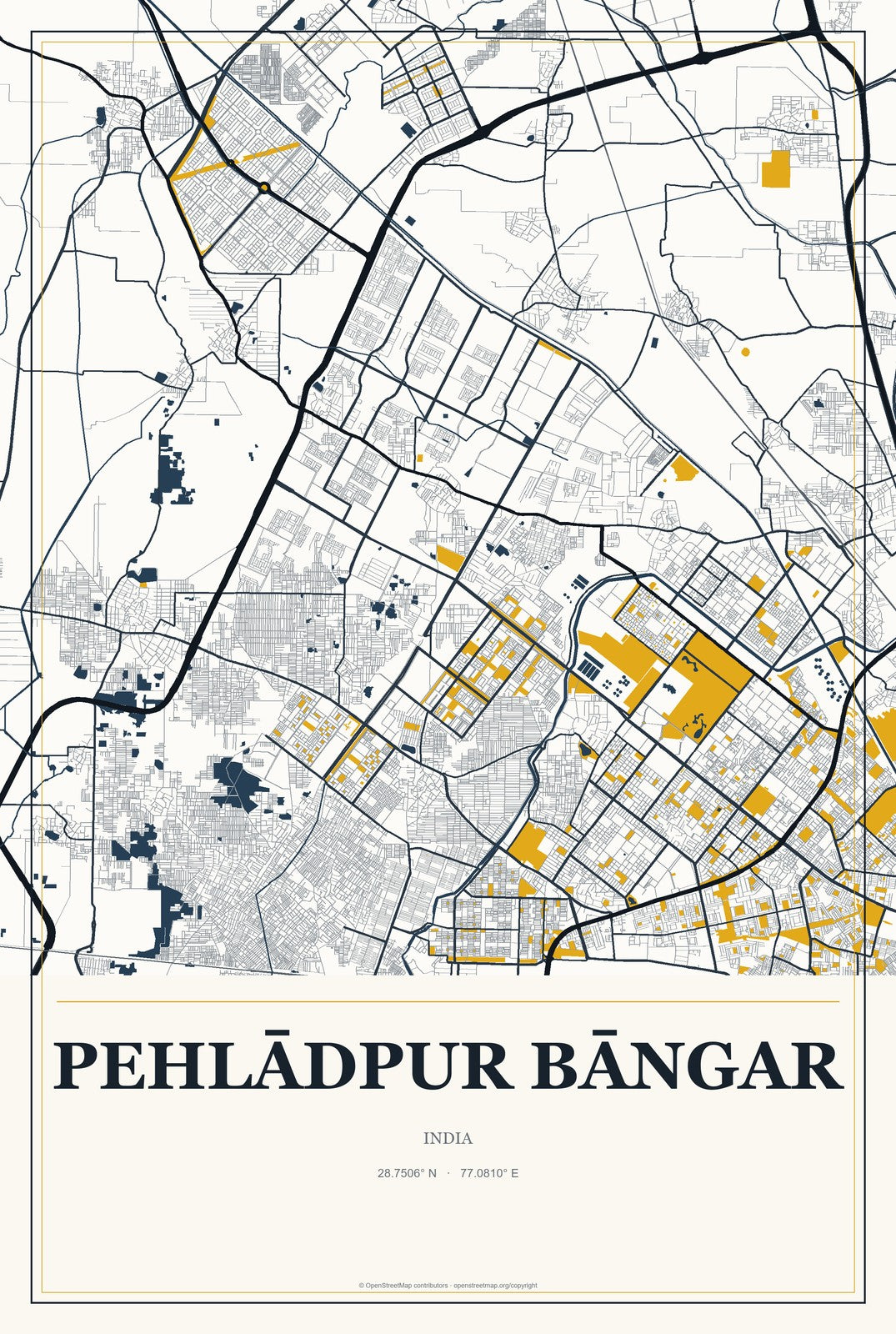 Pehlādpur Bāngar, India City Map Aluminum Sign in Citrine Modern style