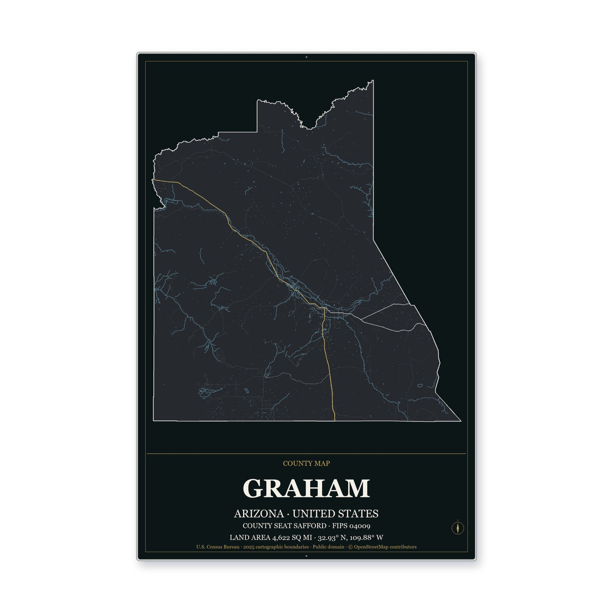 Graham County, Arizona Map Aluminum Sign in Metropolitan Noir style