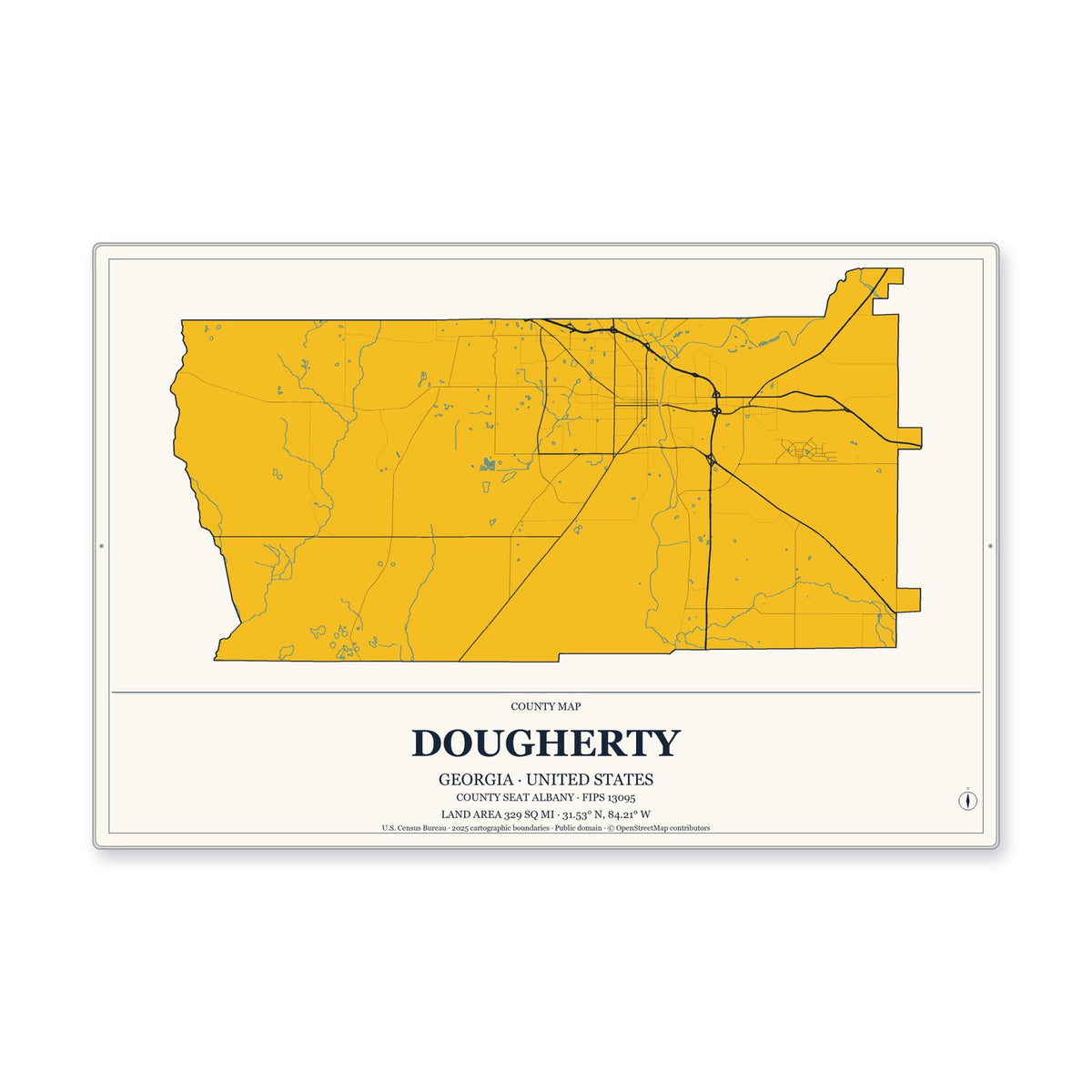 Dougherty County, Georgia Map Aluminum Sign in Citrine Modern style