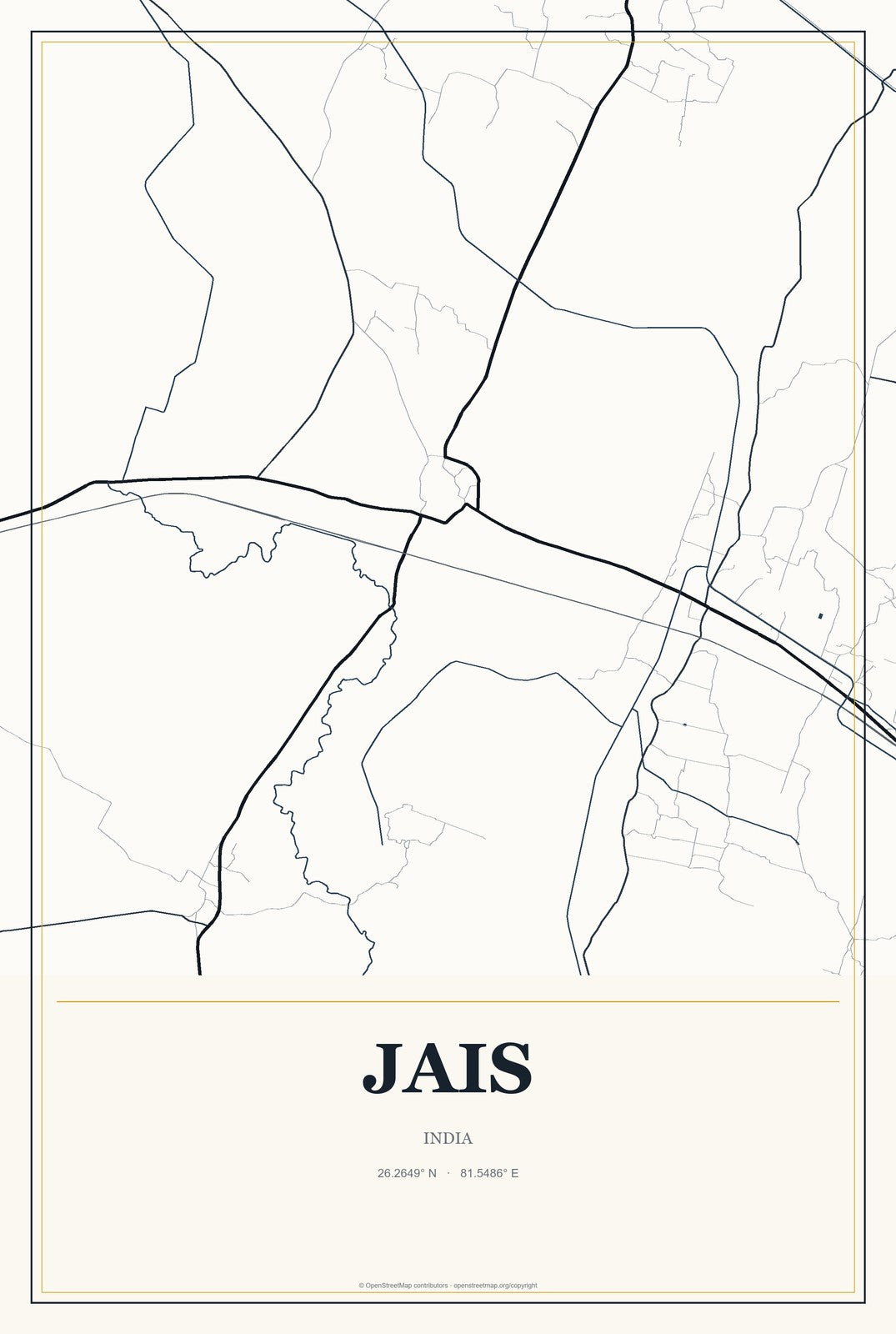 Jais, India City Map Aluminum Sign in Citrine Modern style