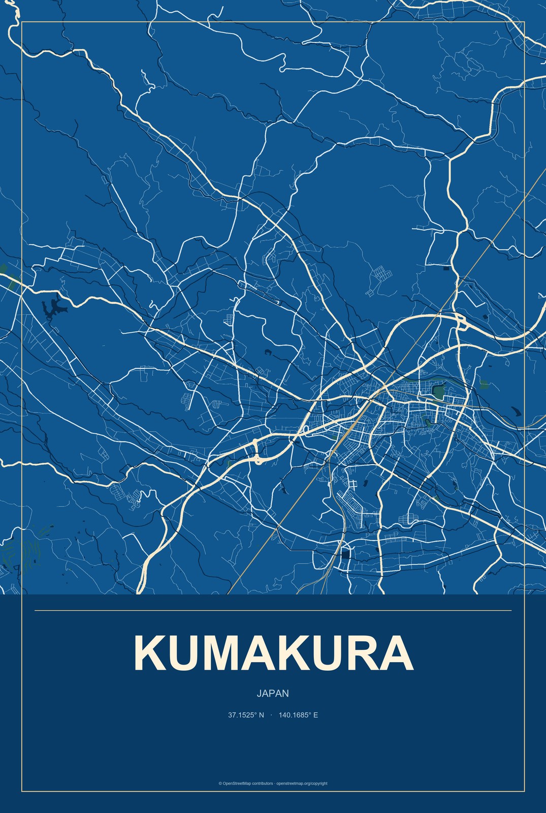 Kumakura, Japan City Map Aluminum Sign in Harbor Cobalt style