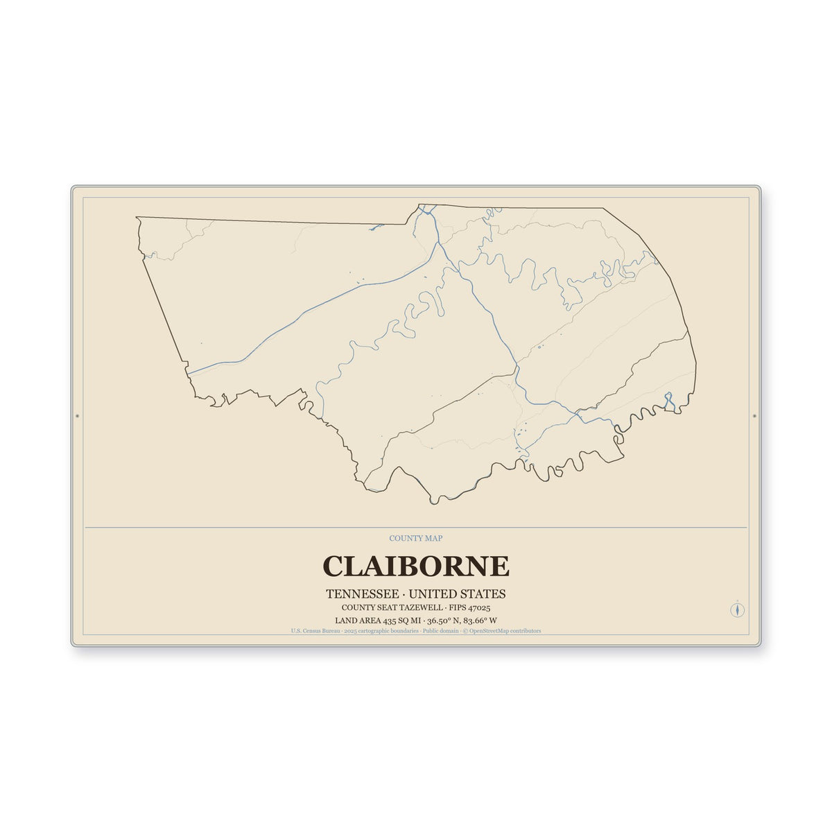 Claiborne County, Tennessee Map Aluminum Sign in Heritage Nautical style