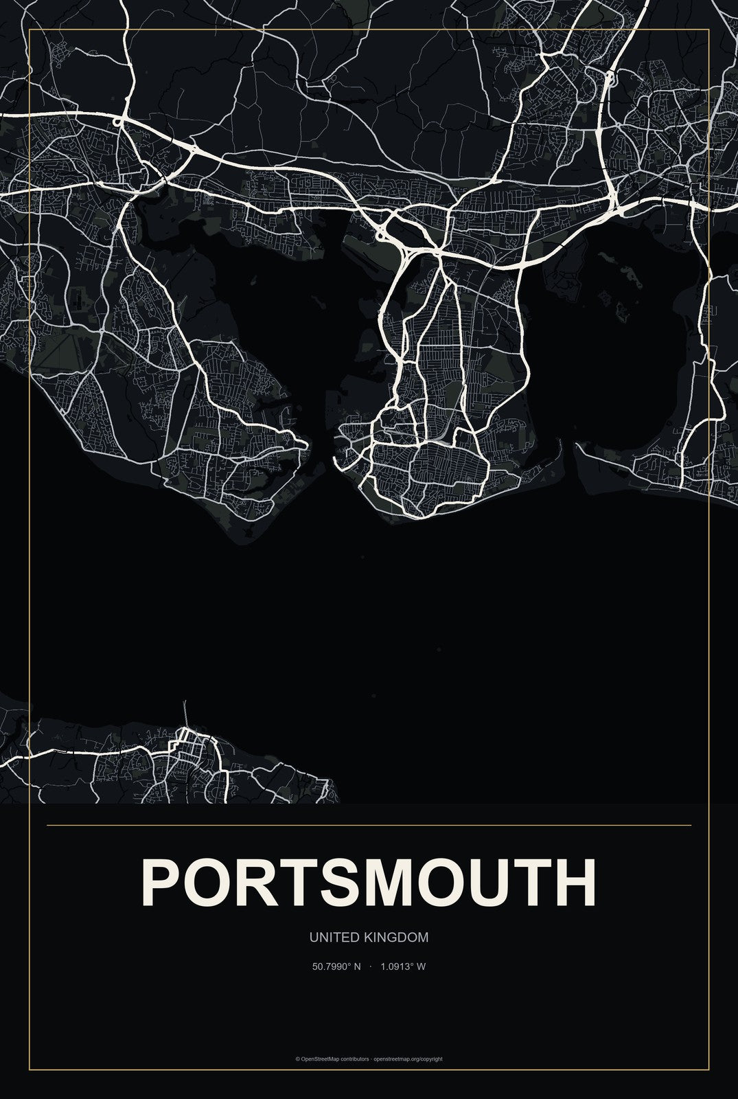 Portsmouth, United Kingdom City Map Aluminum Sign in Metropolitan Noir style
