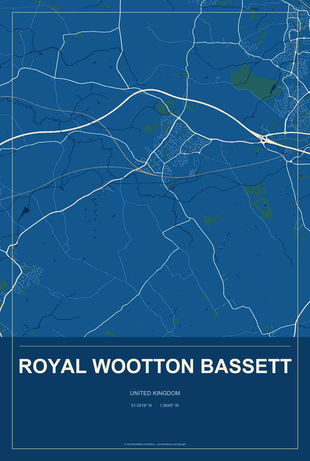 Royal Wootton Bassett, United Kingdom City Map Aluminum Sign in Harbor Cobalt style