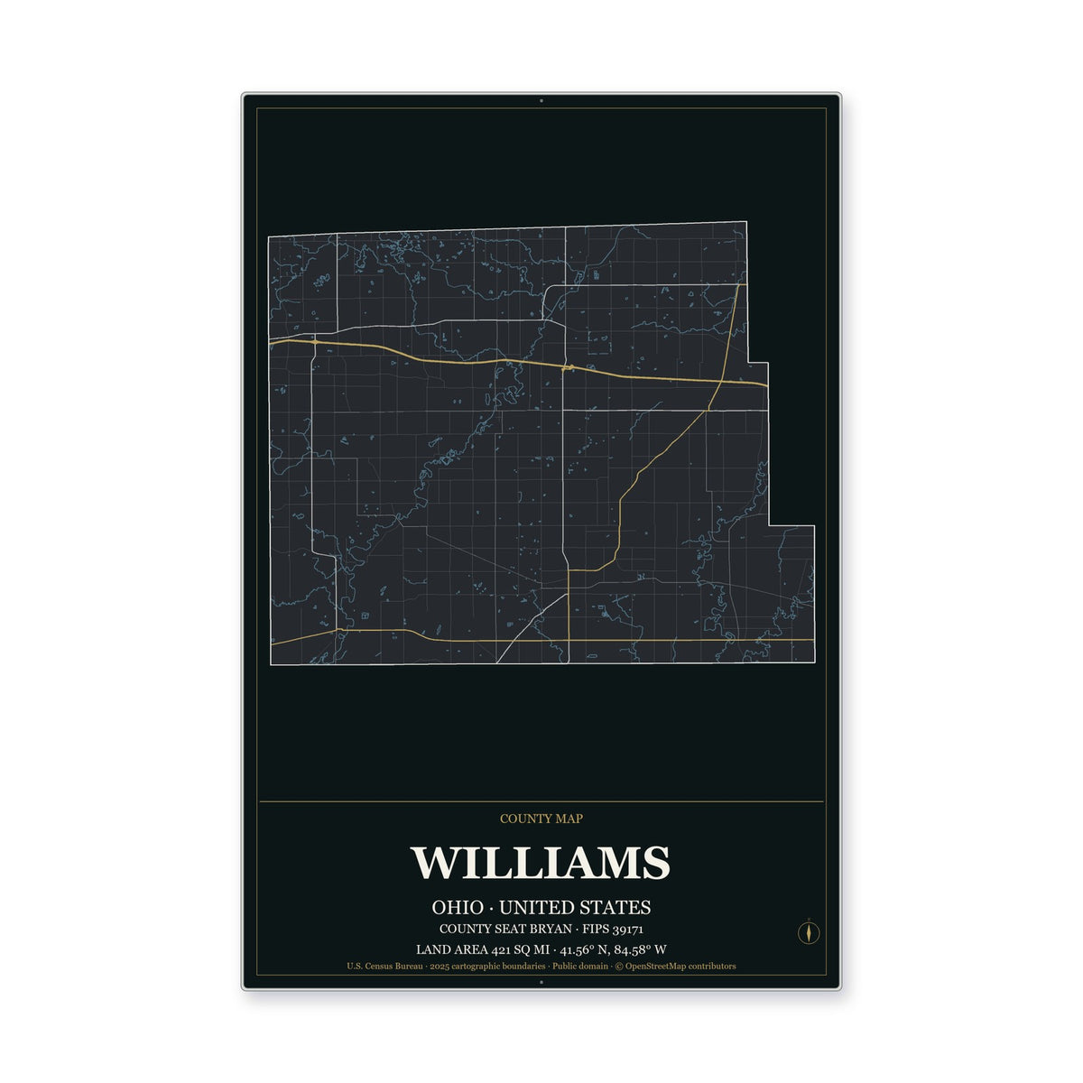 Williams County, Ohio Map Aluminum Sign in Metropolitan Noir style