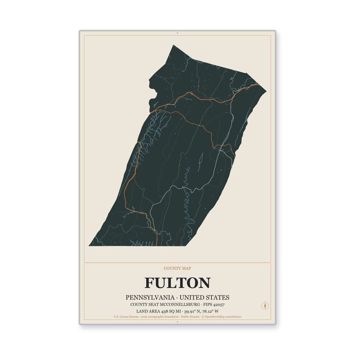 Fulton County, Pennsylvania Map Aluminum Sign in Headline Atlas style