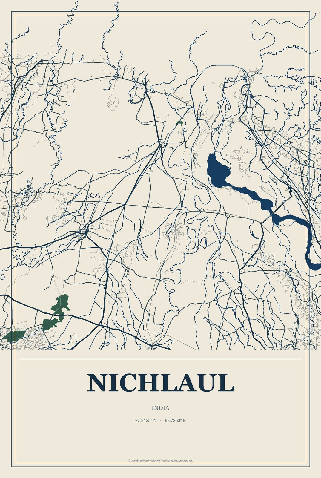 Nichlaul, India City Map Aluminum Sign in Coastal Cutout style