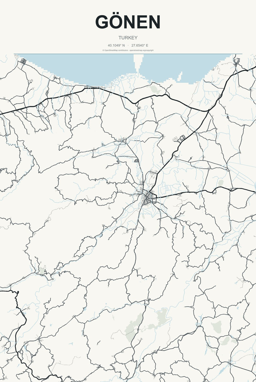 Gönen, Balıkesir, Turkey City Map Aluminum Sign in Headline Atlas style