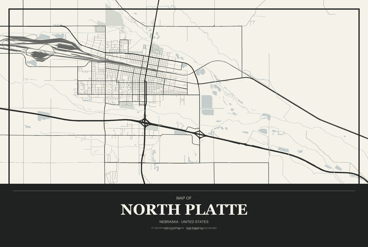 North Platte, Nebraska City Map Aluminum Sign in Museum Plaque style