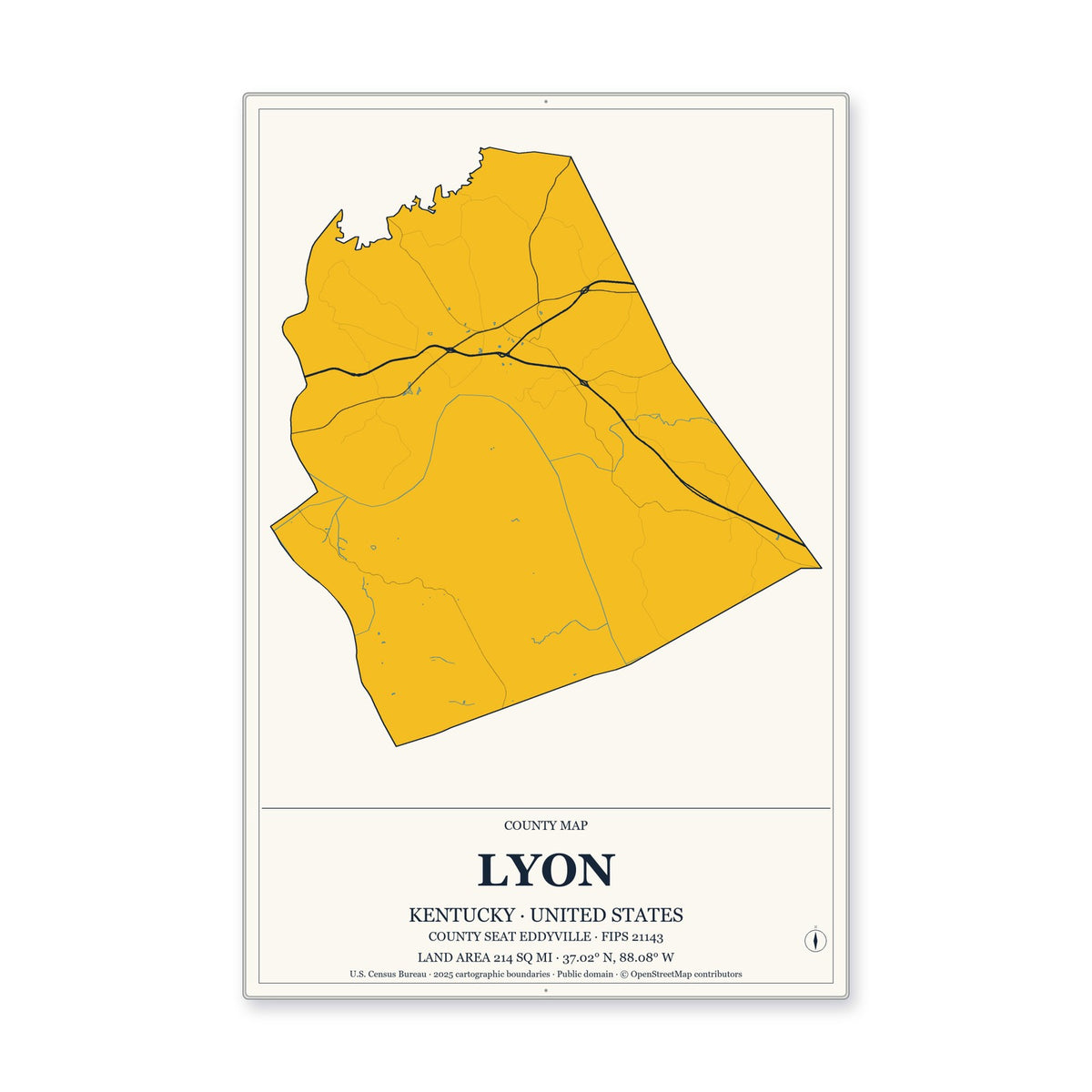 Lyon County, Kentucky Map Aluminum Sign in Citrine Modern style