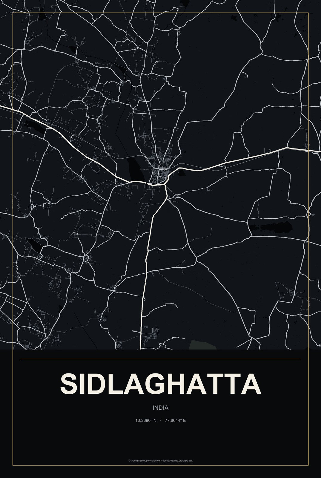 Sidlaghatta, India City Map Aluminum Sign in Metropolitan Noir style