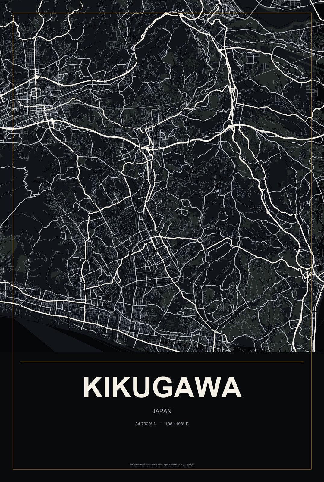 Kikugawa, Japan City Map Aluminum Sign in Metropolitan Noir style