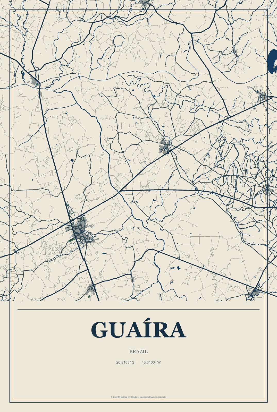 Guaíra, Paraná, Brazil City Map Aluminum Sign in Coastal Cutout style