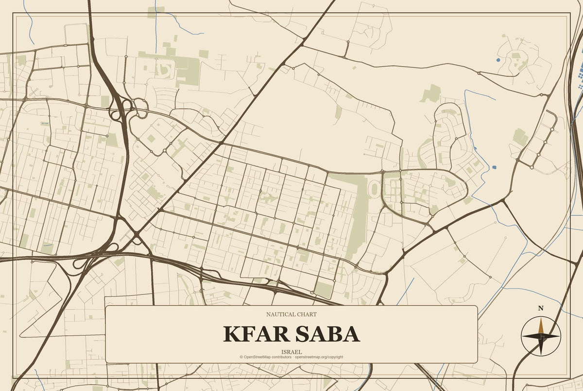 Kfar Saba, Israel City Map Aluminum Sign in Heritage Nautical style
