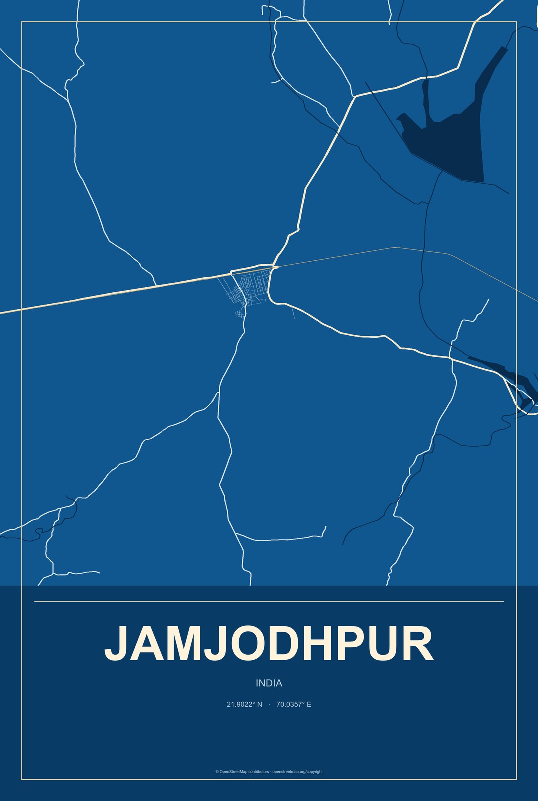 Jamjodhpur, India City Map Aluminum Sign in Harbor Cobalt style