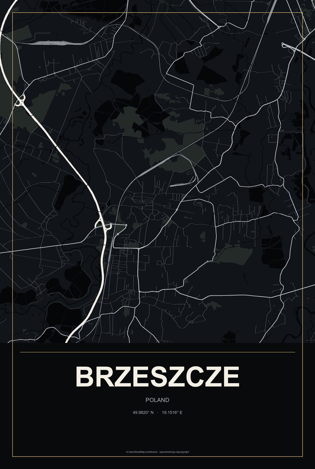 Brzeszcze, Poland City Map Aluminum Sign in Metropolitan Noir style