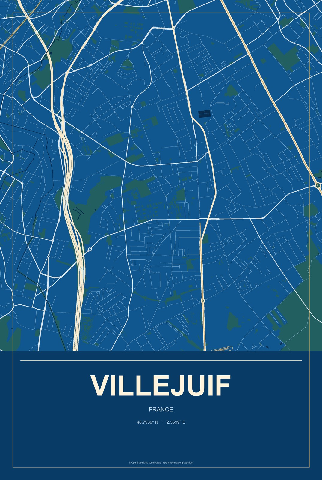Villejuif, France City Map Aluminum Sign in Harbor Cobalt style