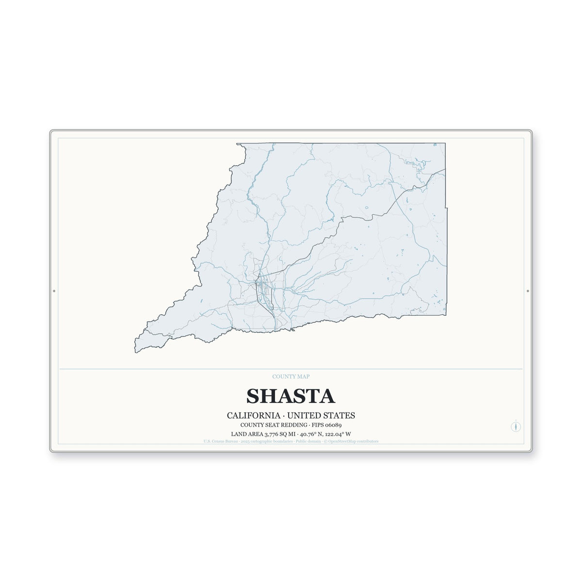 Shasta County, California Map Aluminum Sign in Gallery Air style