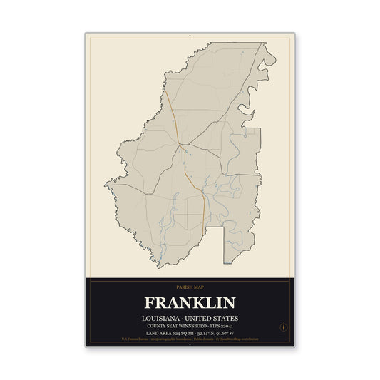 Franklin Parish, Louisiana Map Aluminum Sign in Museum Plaque style