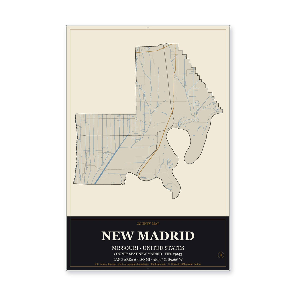 New Madrid County, Missouri Map Aluminum Sign in Museum Plaque style