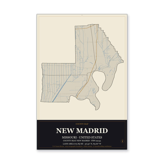New Madrid County, Missouri Map Aluminum Sign in Museum Plaque style