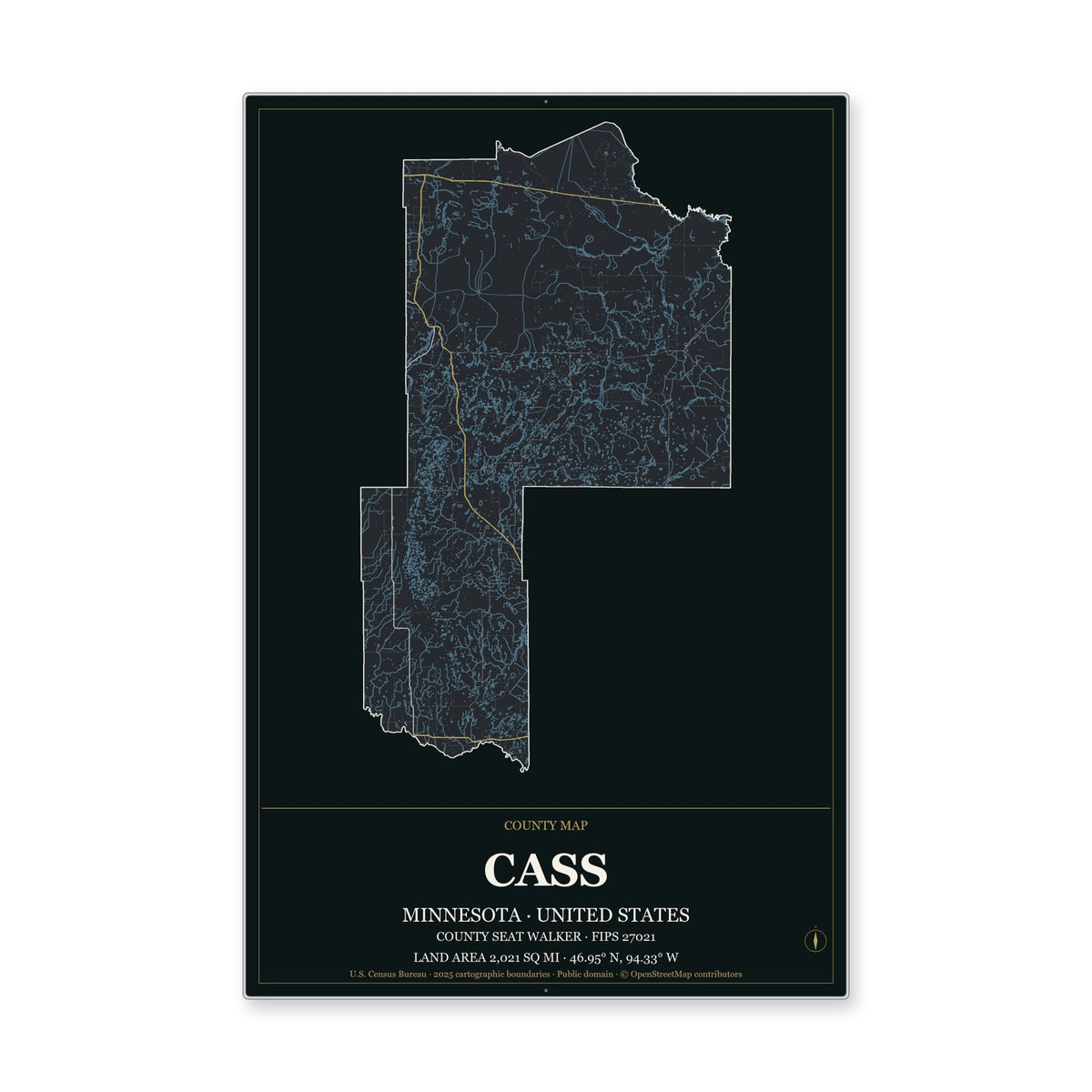 Cass County, Minnesota Map Aluminum Sign in Metropolitan Noir style