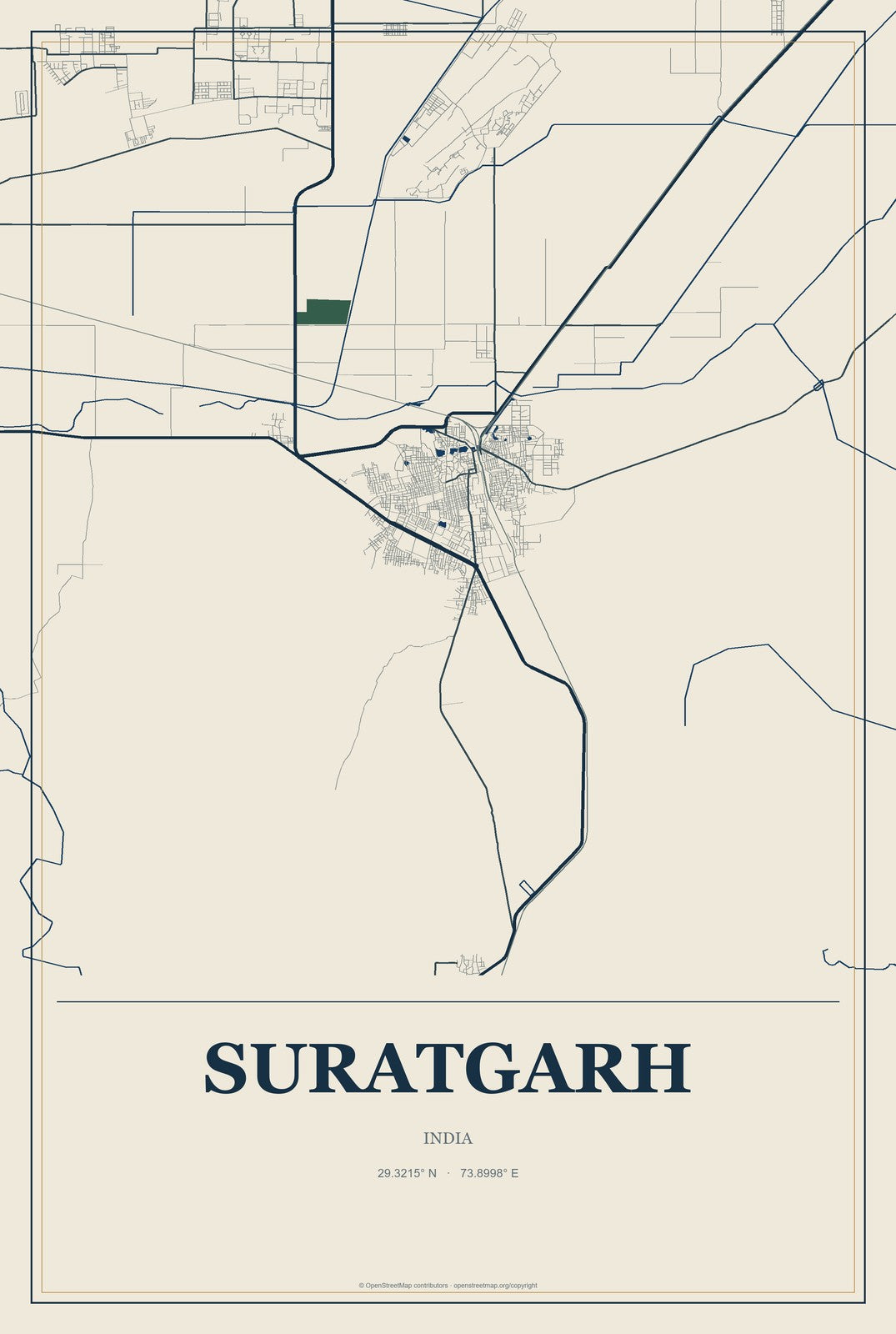 Suratgarh, India City Map Aluminum Sign in Coastal Cutout style