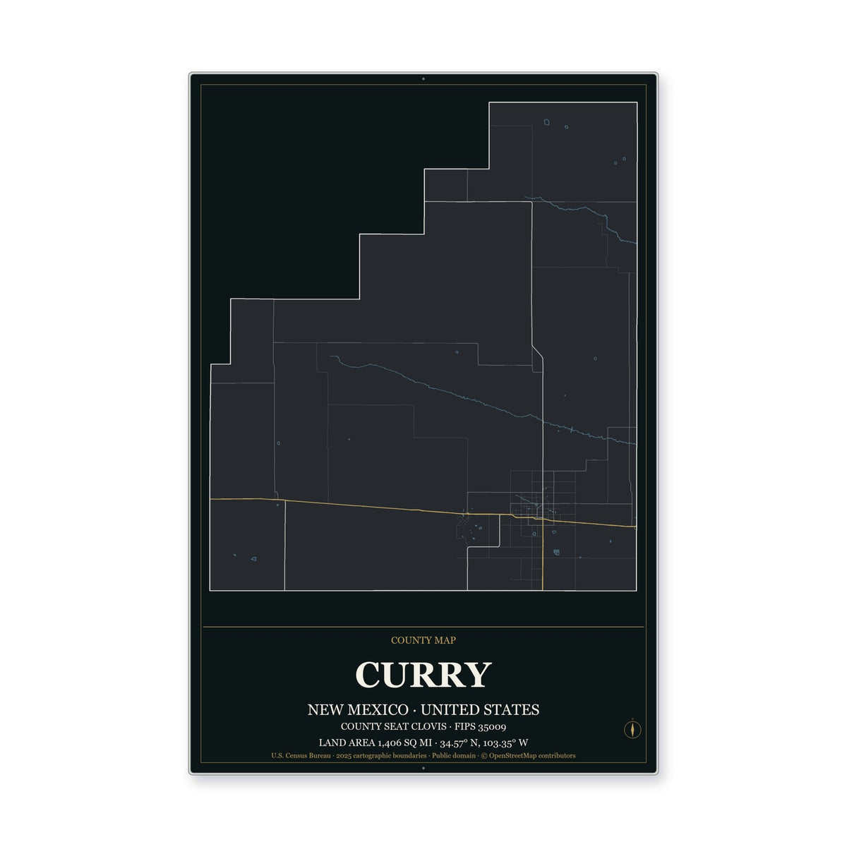 Curry County, New Mexico Map Aluminum Sign in Metropolitan Noir style
