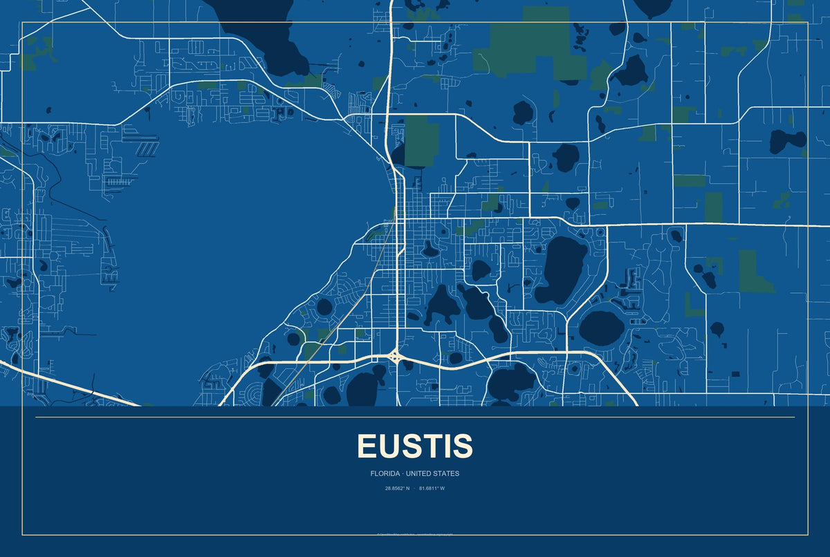 Eustis, Florida City Map Aluminum Sign in Harbor Cobalt style