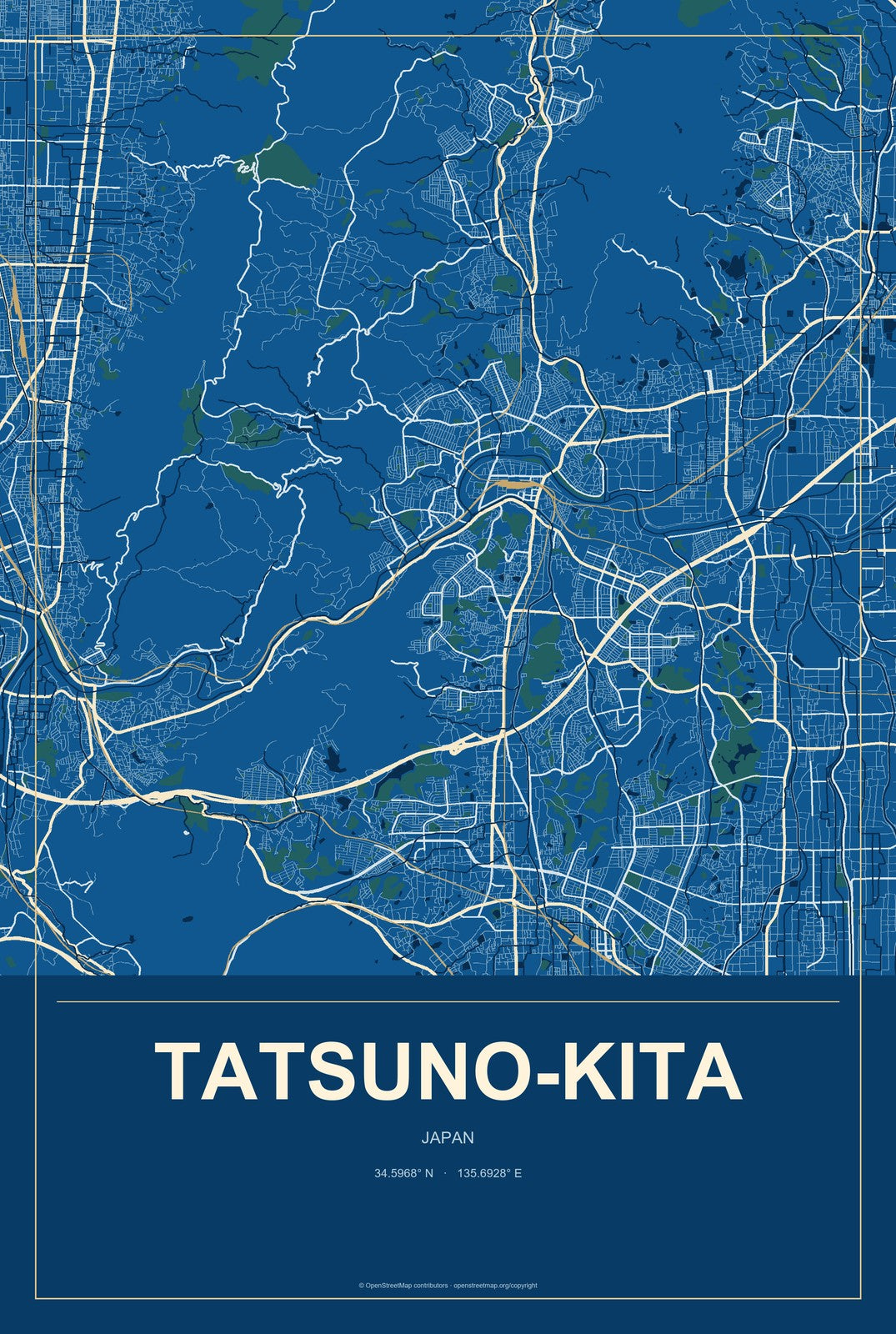 Tatsuno-kita, Japan City Map Aluminum Sign in Harbor Cobalt style