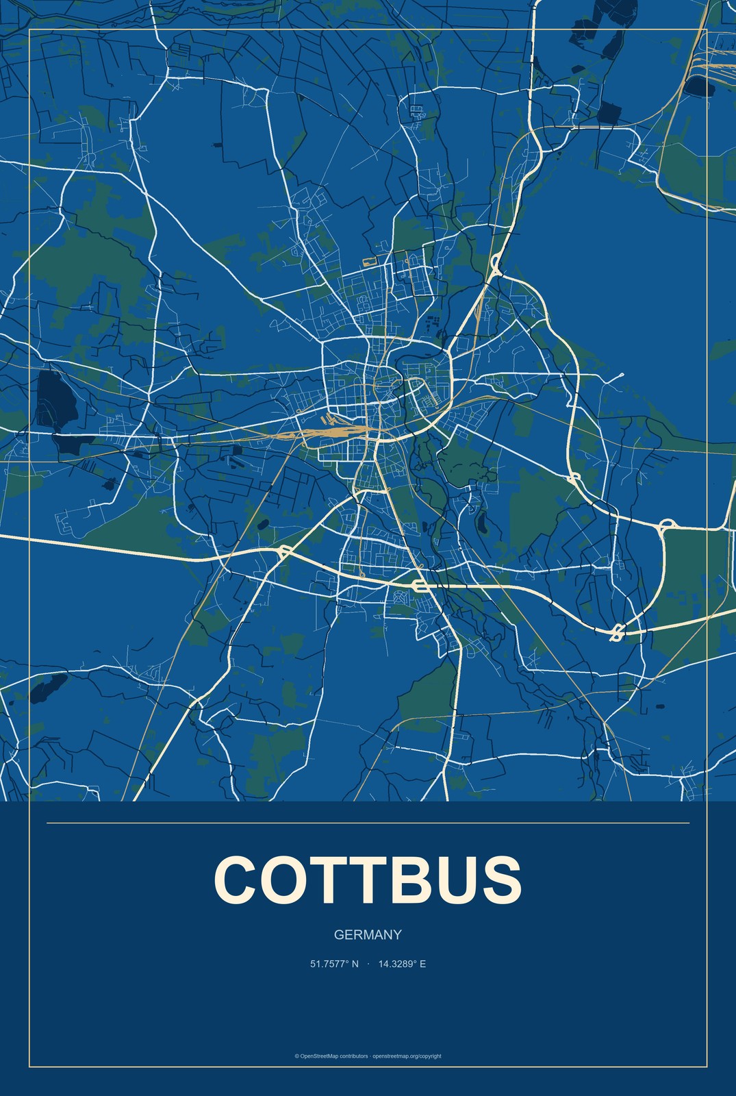 Cottbus, Germany City Map Aluminum Sign in Harbor Cobalt style