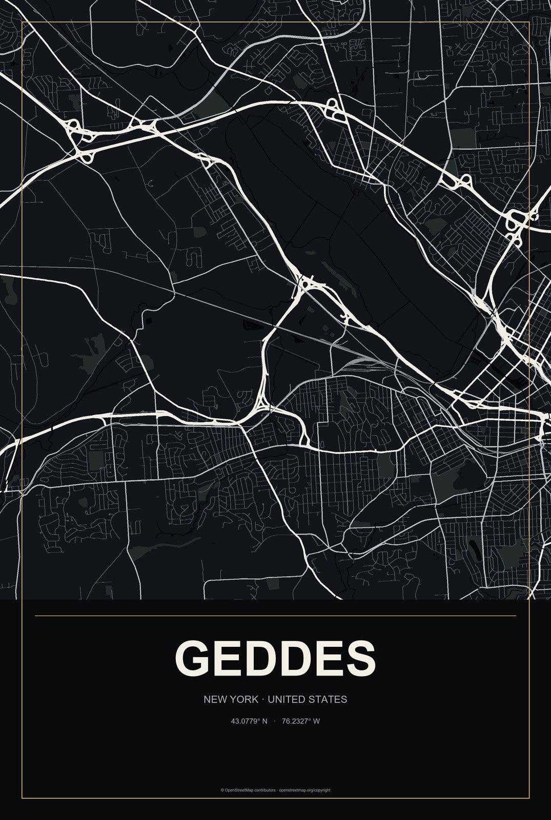 Geddes, New York City Map Aluminum Sign in Metropolitan Noir style