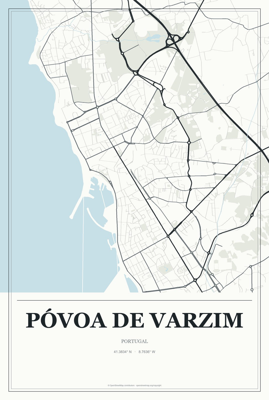 Póvoa de Varzim, Portugal City Map Aluminum Sign in Gallery Air style