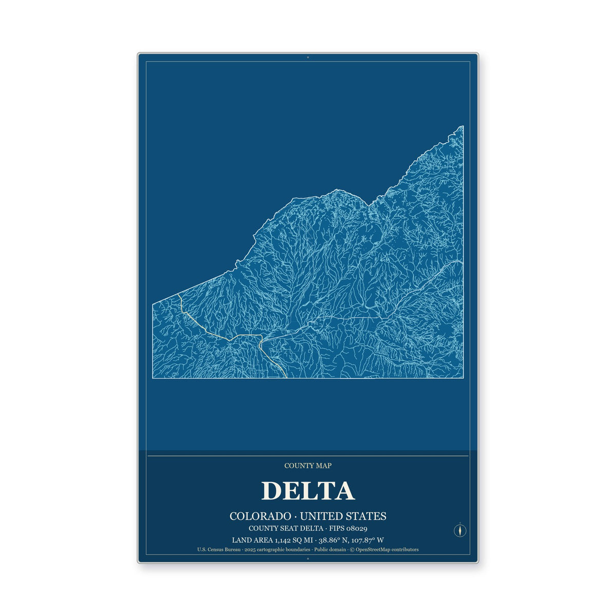 Delta County, Colorado Map Aluminum Sign in Harbor Cobalt style