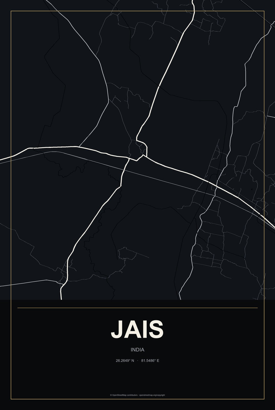 Jais, India City Map Aluminum Sign in Metropolitan Noir style
