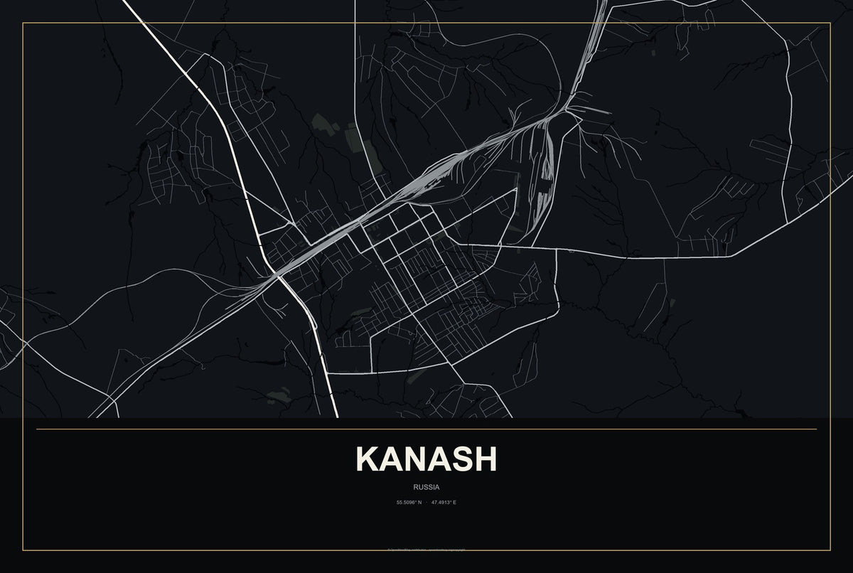 Kanash, Russia City Map Aluminum Sign in Metropolitan Noir style