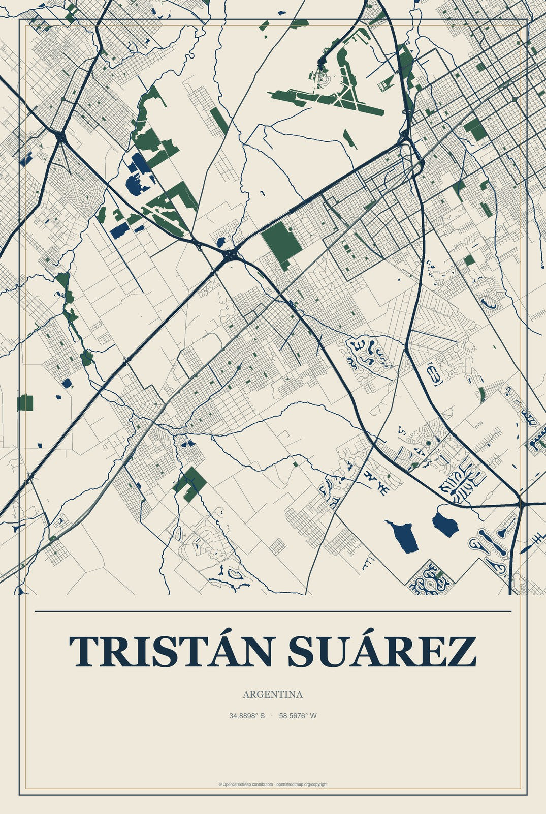 Tristán Suárez, Argentina City Map Aluminum Sign in Coastal Cutout style