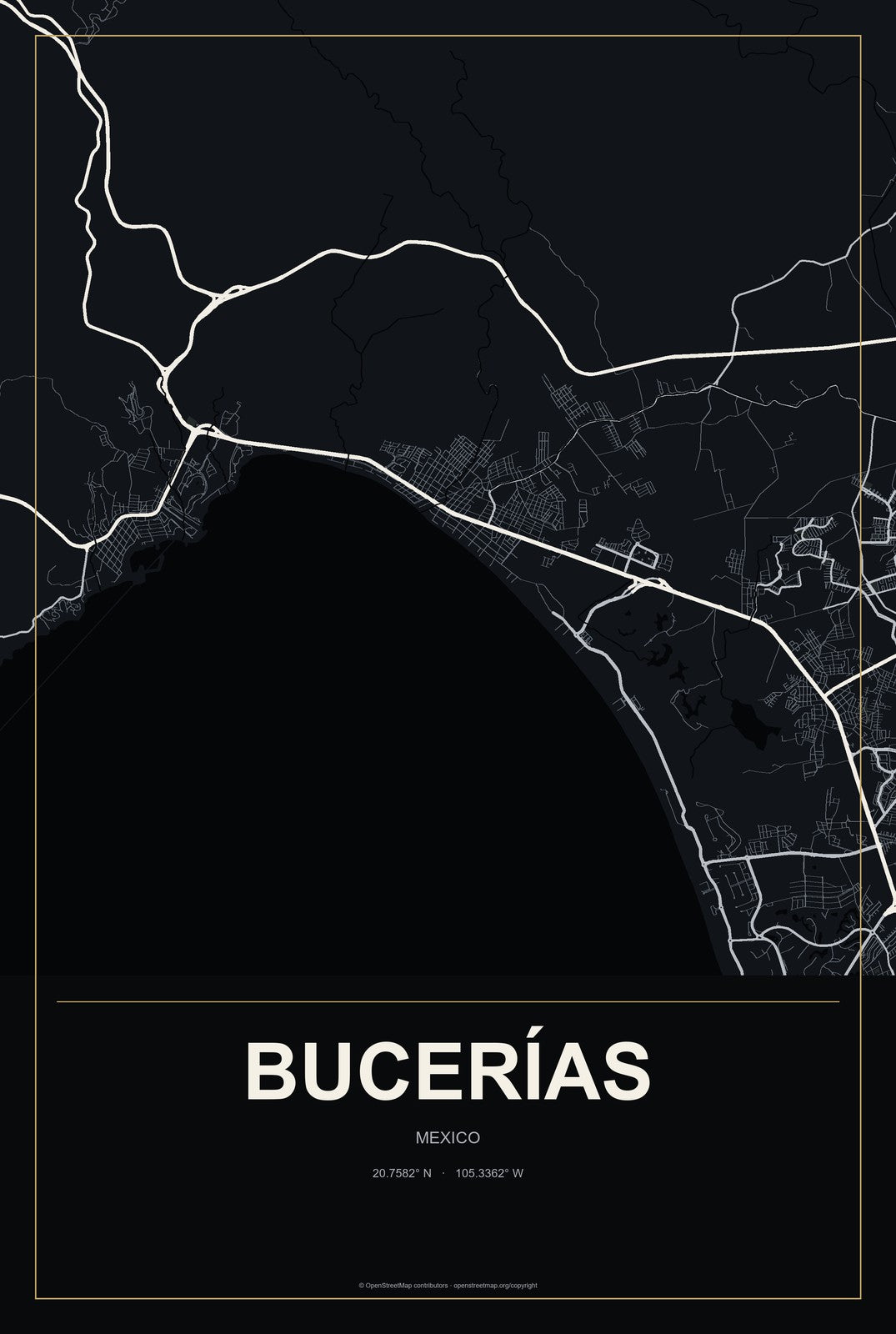 Bucerías, Mexico City Map Aluminum Sign in Metropolitan Noir style